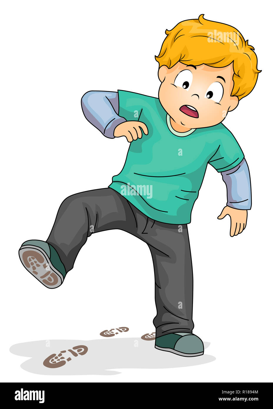 Illustration of a Kid Boy Wearing Dirty Shoes with Shoe Marks on the Floor Stock Photo