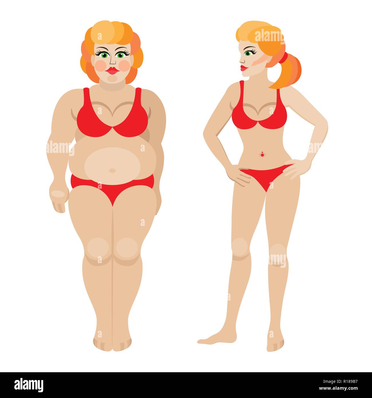 Fat and slim woman, before and after weight loss in sportswear isolated Stock Vector