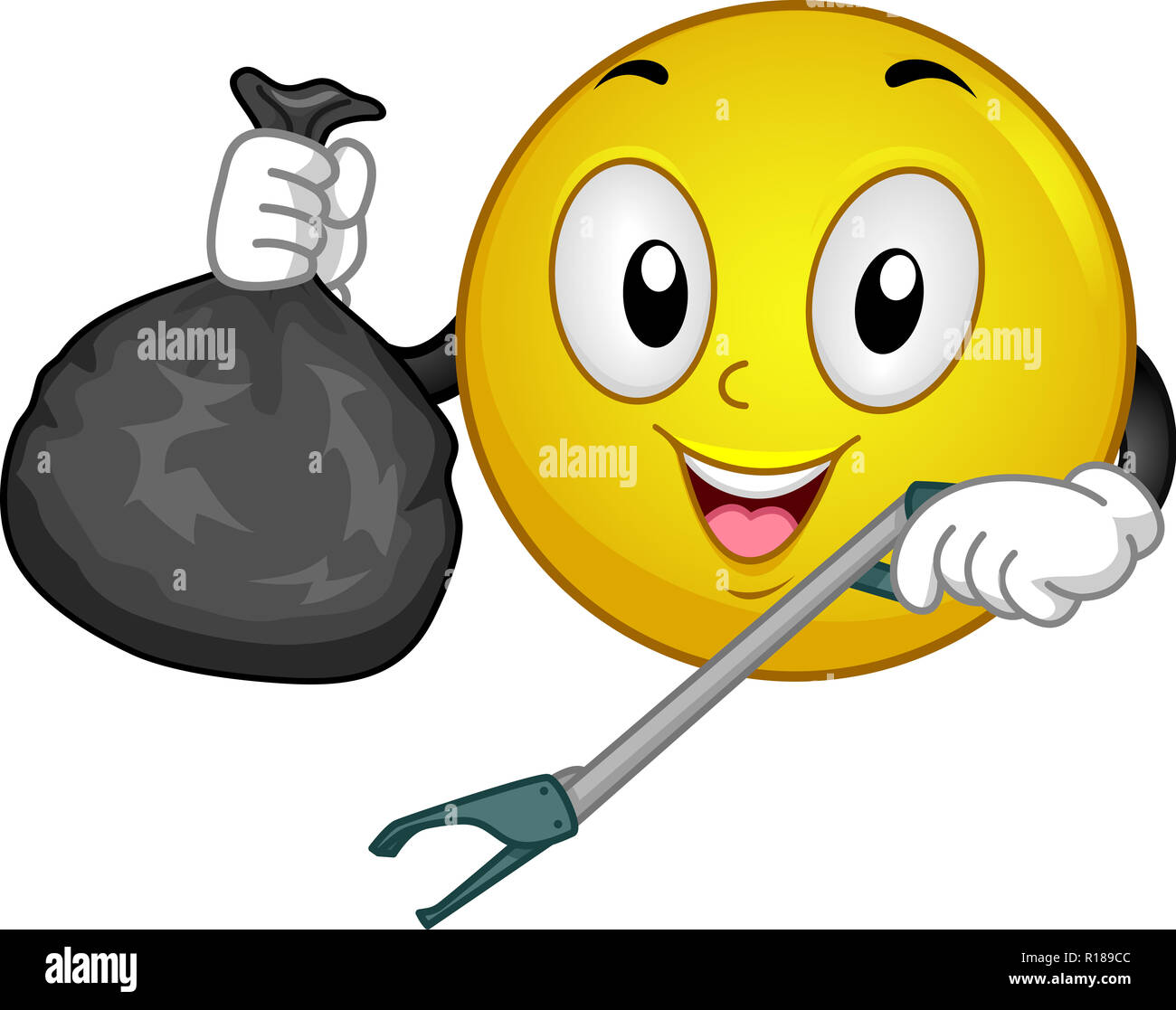 Illustration of a Mascot Smiley Holding a Garbage Picker and Black Garbage  Bag Stock Photo - Alamy