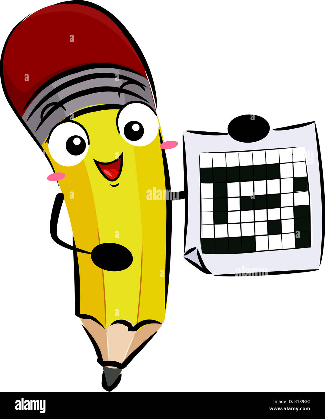 Illustration of a Pencil Mascot Showing a Blank Crossword Puzzle Sheet Stock Photo