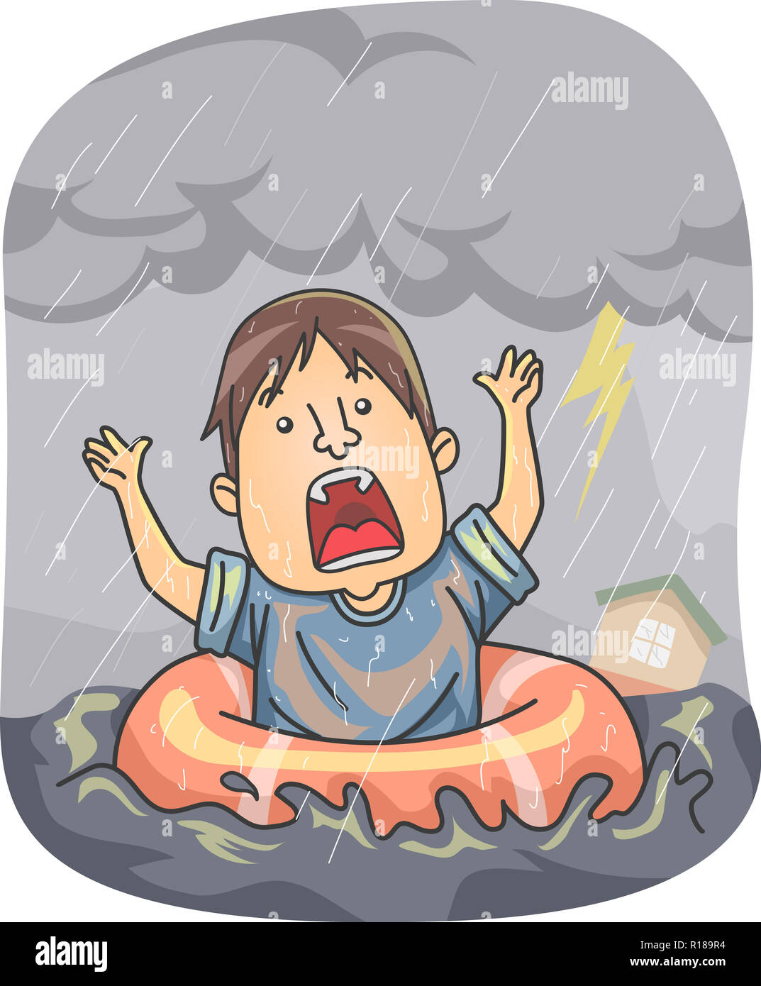 Illustration of a Man Using a Ring Floater Floating in Flood from ...