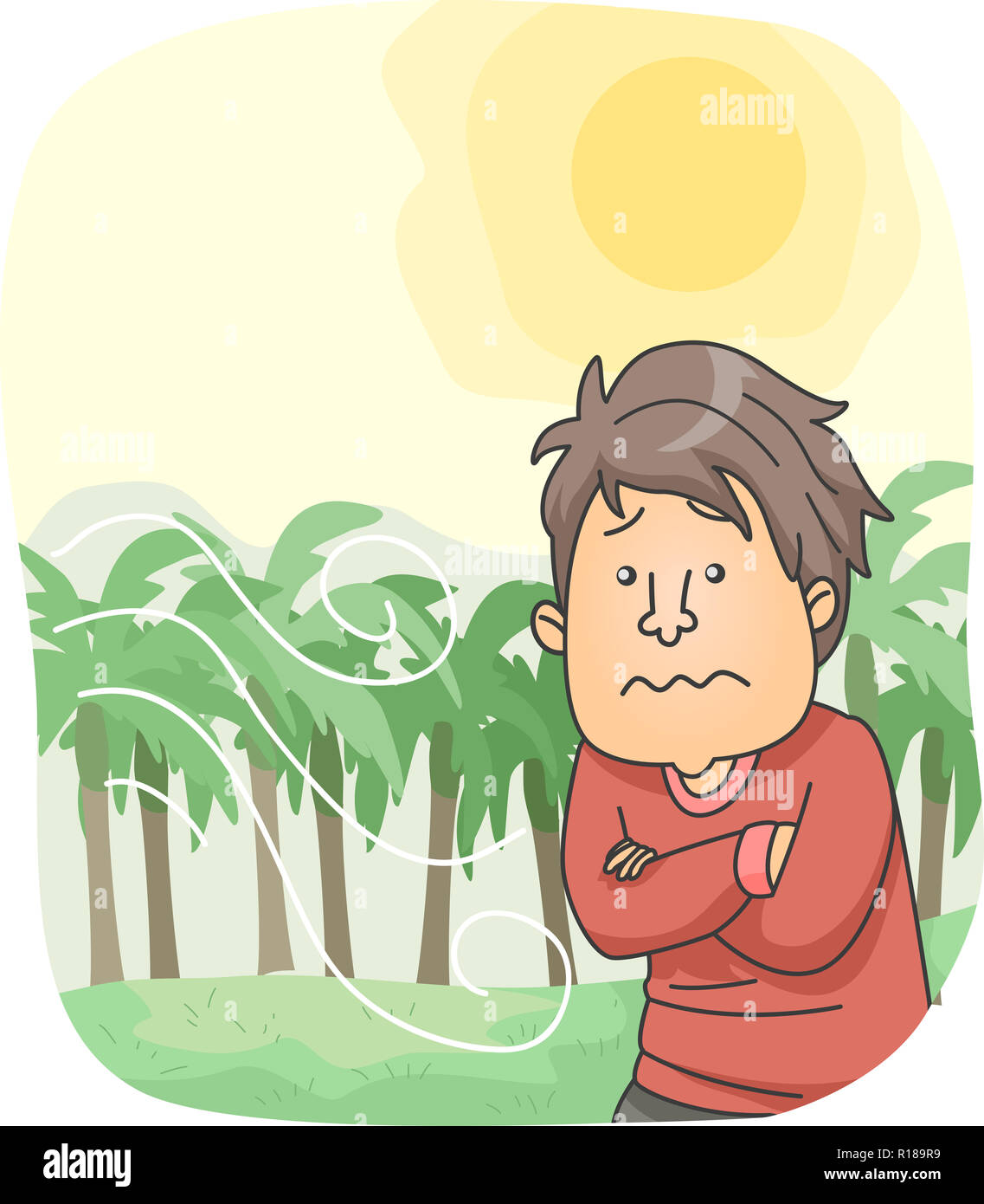 Illustration of a Man Wearing Long Sleeves During a Hot and Windy
