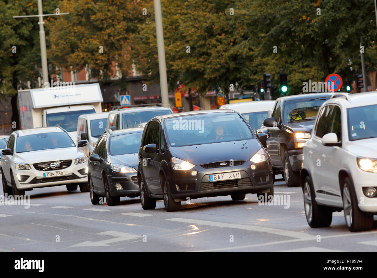 Stockholm, Sweden - October 7, 2015: Traffic at the Gotgatan street  at the Medborgarplatsen square located in the distrct of Sodermalm. Stock Photo