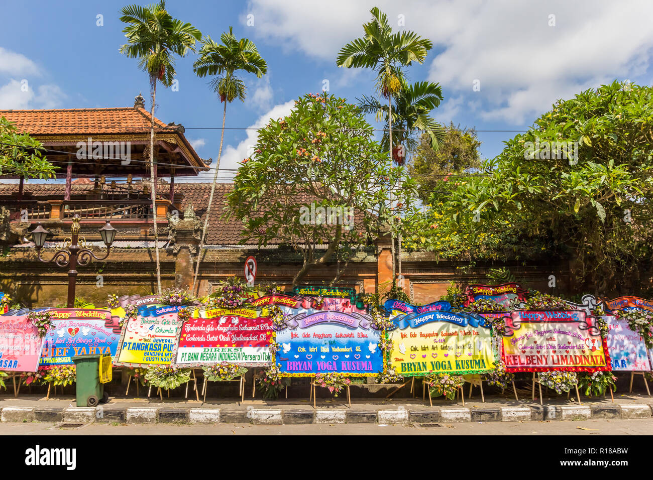 Huge congratulation cards for a wedding taking place at the Ubud Palace Stock Photo