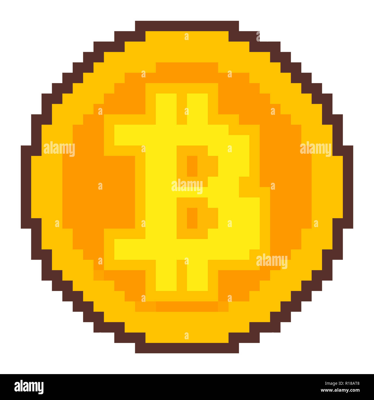 Pixel art: a golden bitcoin. Stock Photo