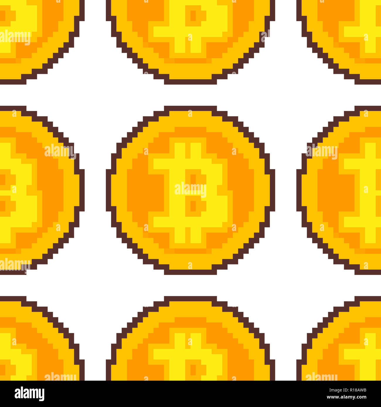 Pixel art repeatable seamless pattern: a golden physical bitcoin. Stock Photo