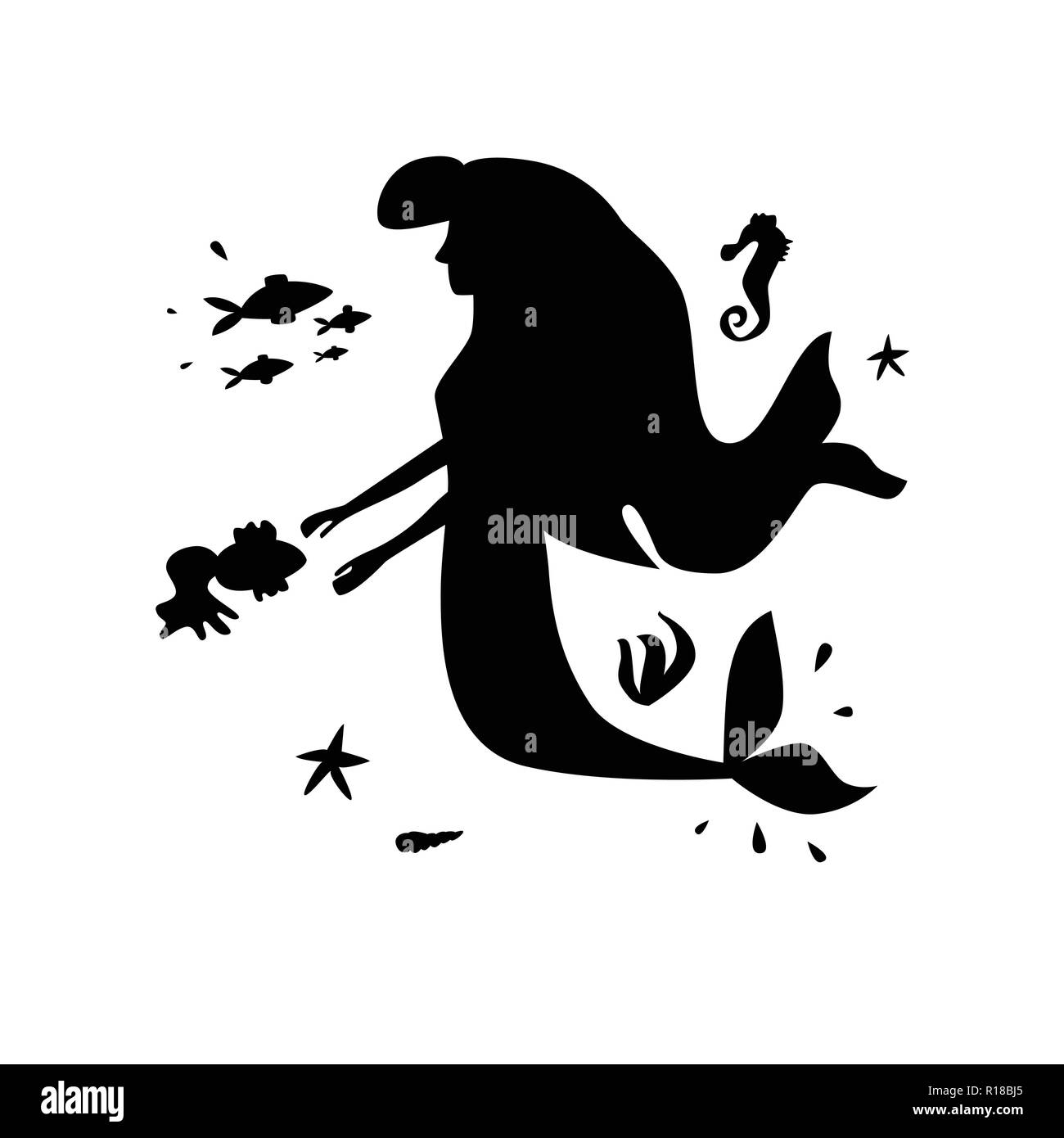 Sea silhouette composition. Mermaid and other underwater shadow-figure. Vector illustration. Stock Vector