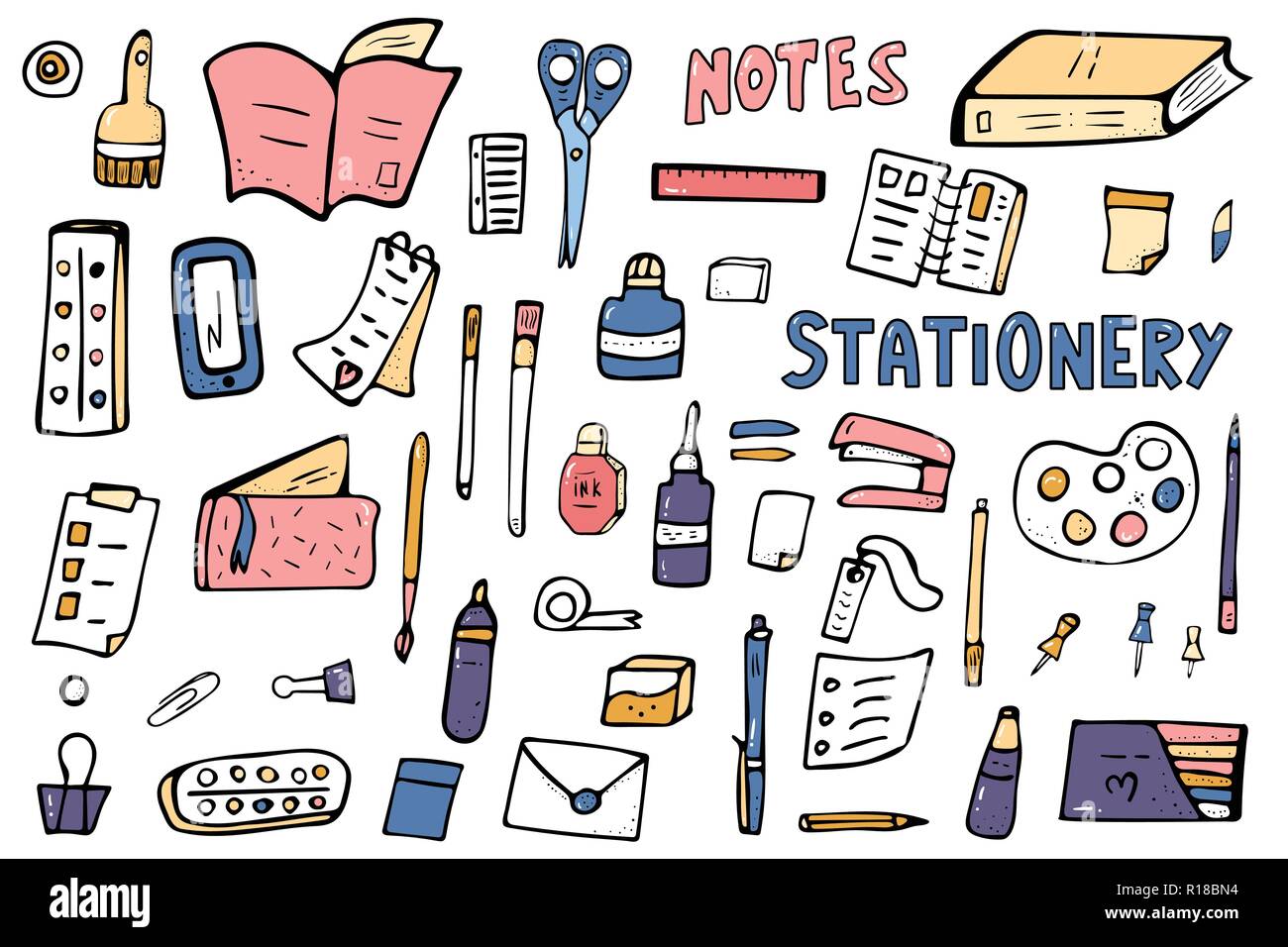 Set of vector office supplies. Collection of stationery in doodle style