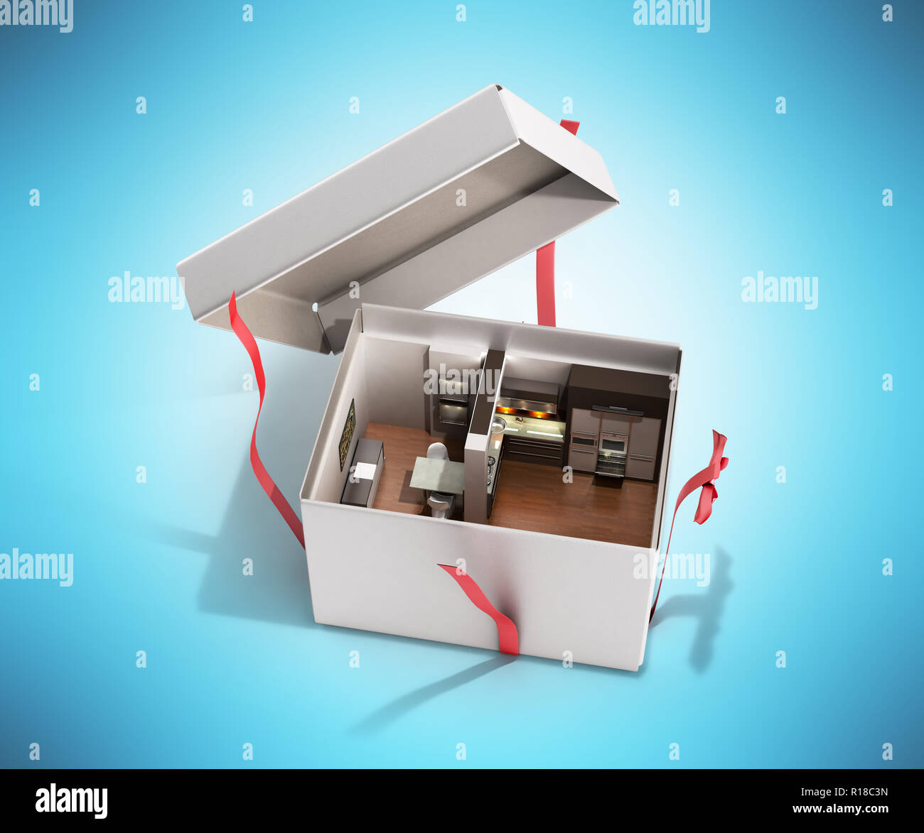 Concept apartment as a gift Kitchen interior in an open box 3d render on blue Stock Photo