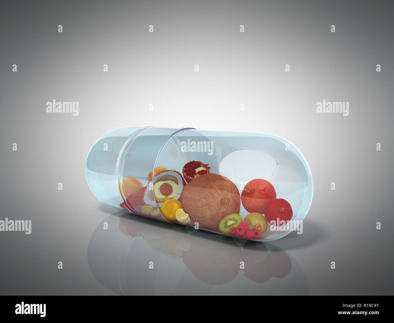 Different fruit in capsule healthy diet concept 3d render on grey Stock
