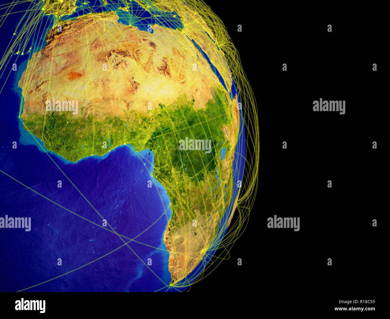 Africa on Earth with trajectories representing international communication, travel, connections. 3D illustration. Elements of this image furnished by  Stock Photo