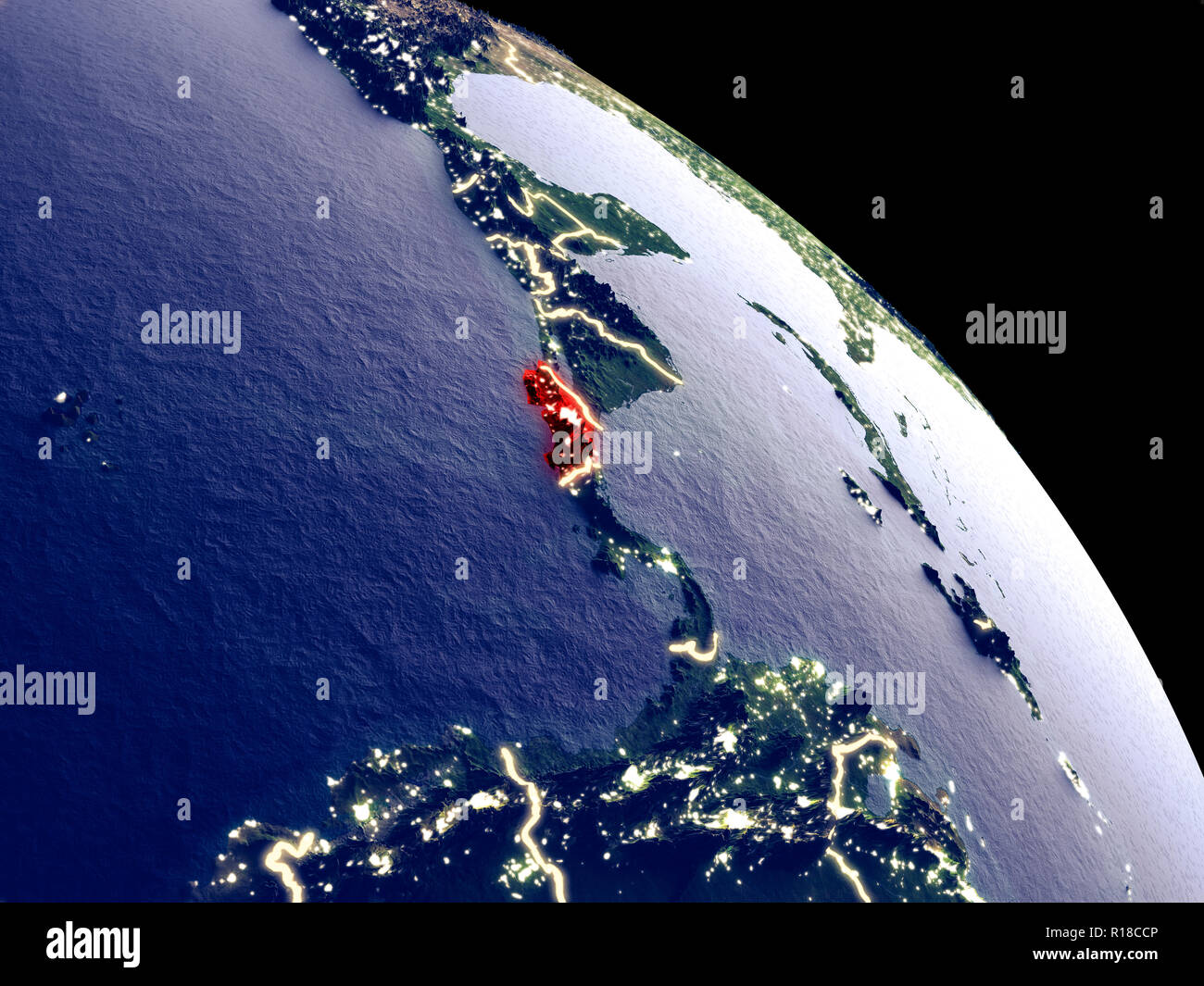 Costa Rica at night from orbit. Plastic planet surface with visible ...