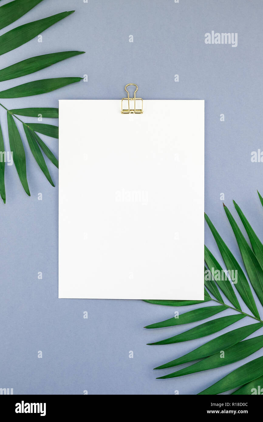 Creative flat lay top view mock up blank paper sheet postcard clipboard ...