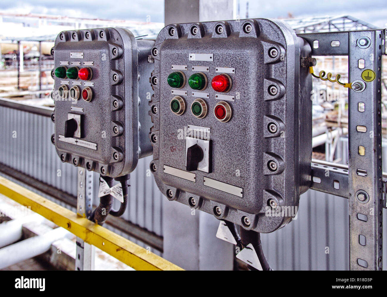 Part of power plant control panel with switches and lamps Stock Photo ...