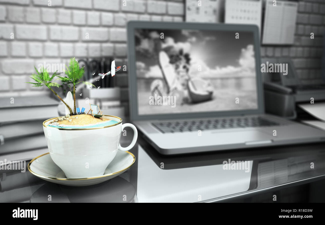 The concept of burning tours Concept travel Tropical island in a coffee cup on an office desk 3d illustration Stock Photo