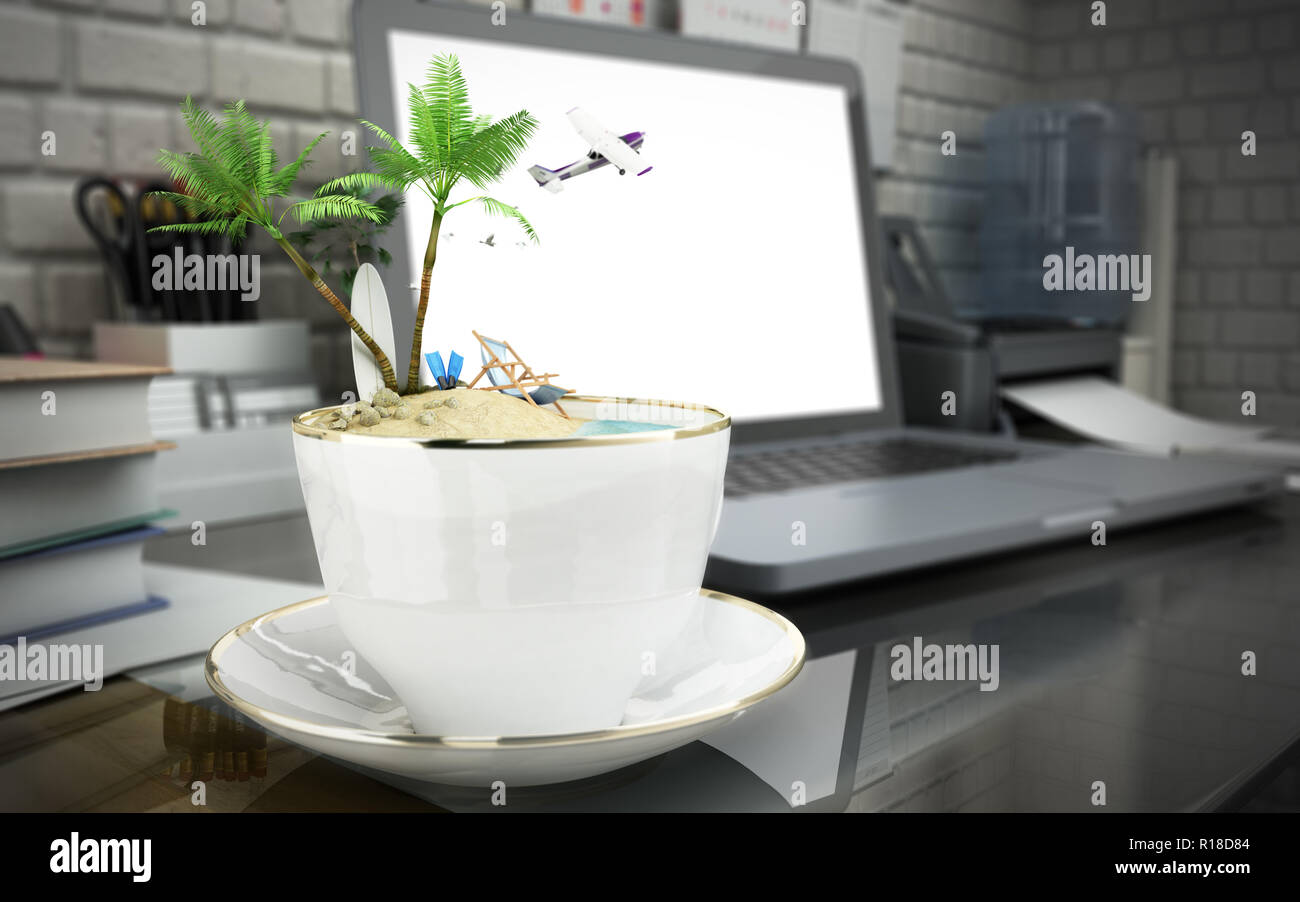 The concept of burning tours Concept travel Tropical island in a coffee cup on an office desk 3d illustration Stock Photo