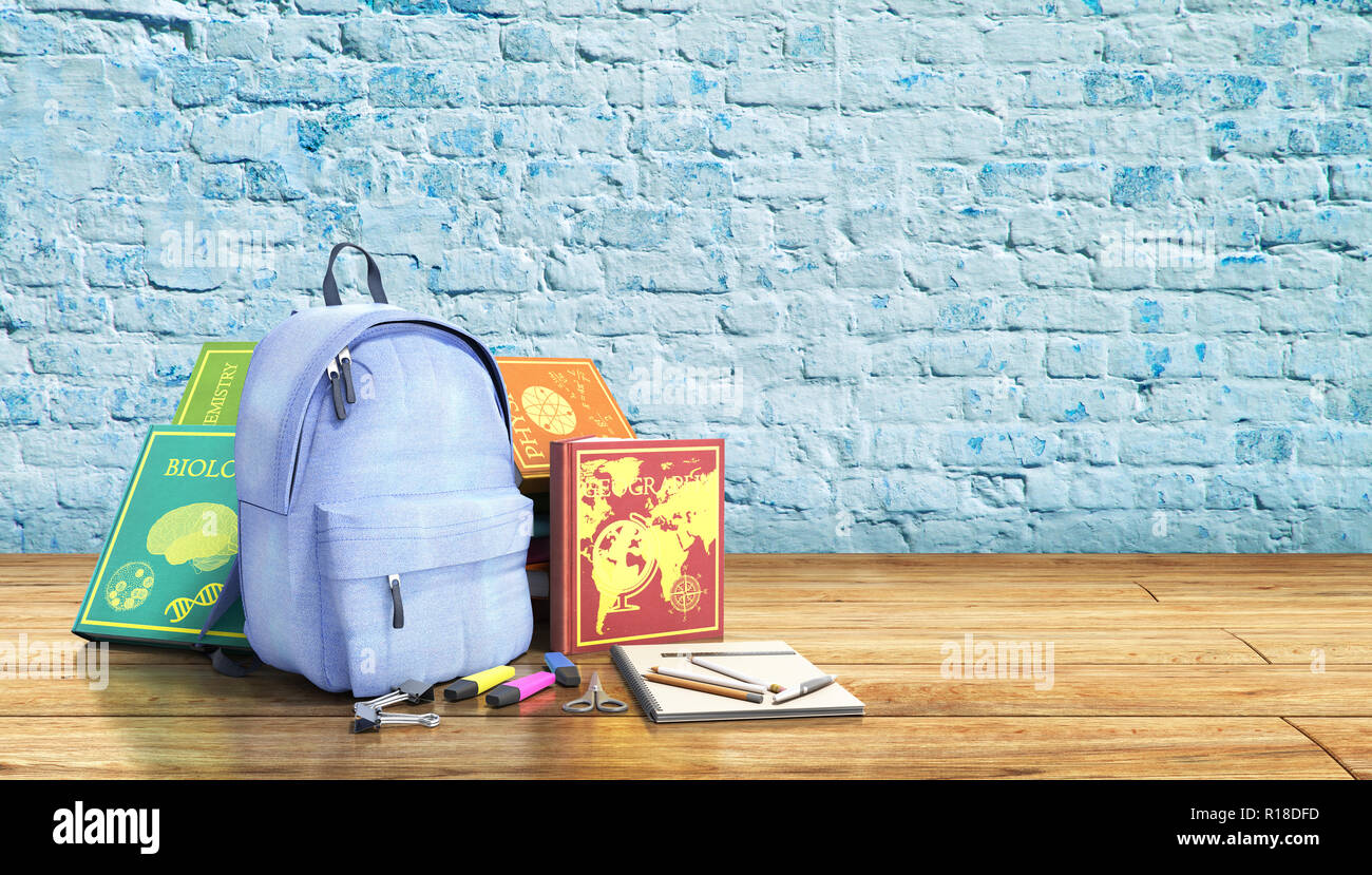 Blue Backpack With School Supplies 3d Render On Wood Stock Photo