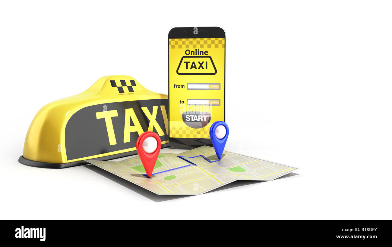 Ordering a taxi cab online internet service transportation concept navigation pin pointer with checker pattern and yellow taxi and phone 3d render on  Stock Photo