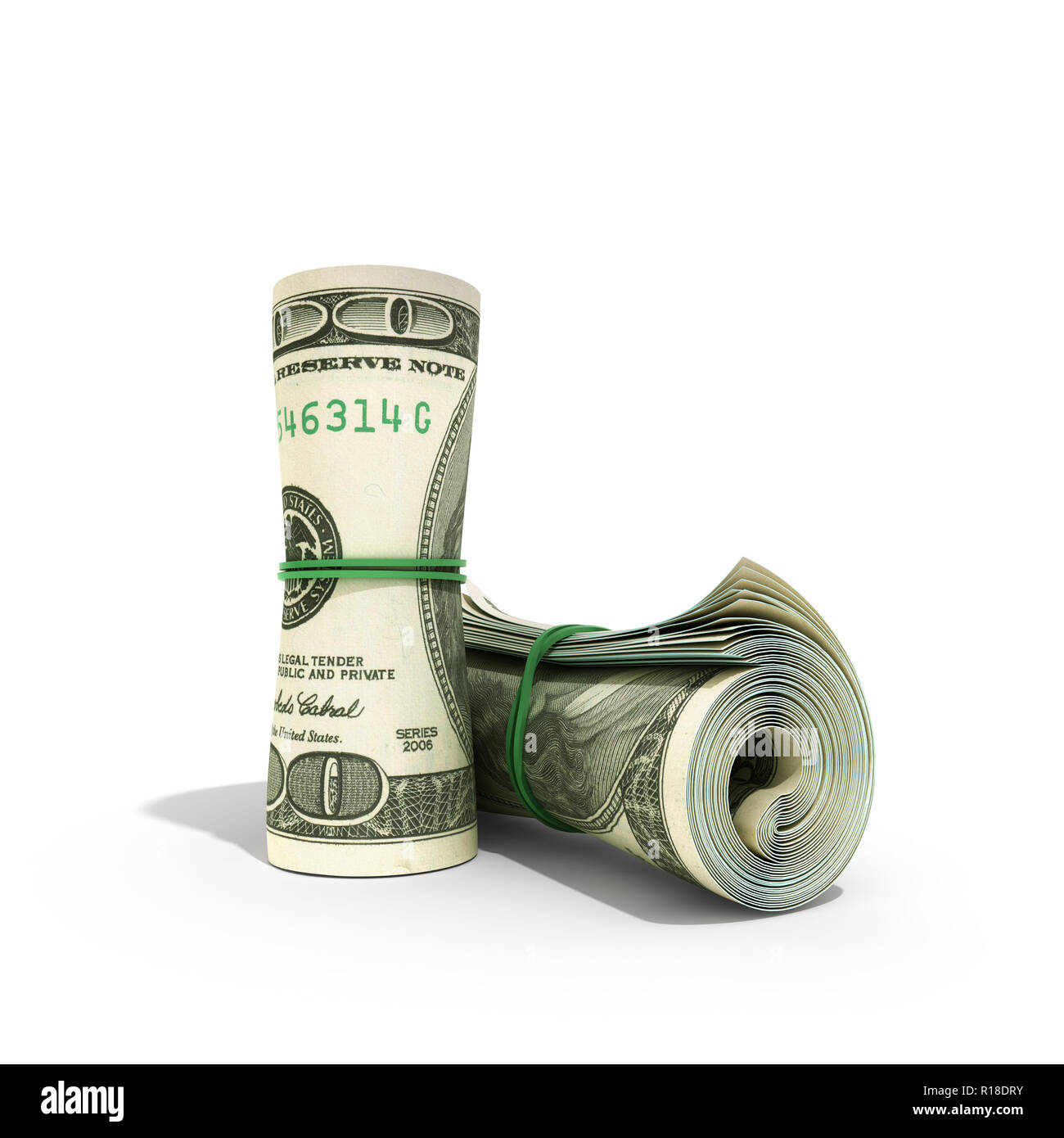 money hundred dollars bill rol colection 3d render on white Stock Photo ...