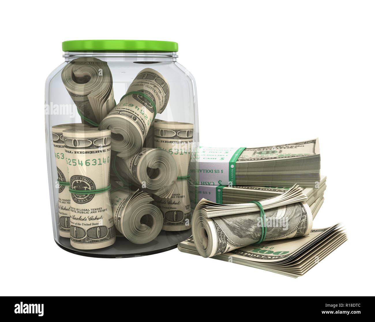 safe concept Many 100 US dollars bank notes in a glass jar 3d render on ...