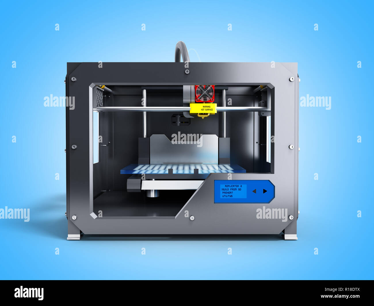 Creative abstract new technologies concept modern professional plastic 3D printer 3d render on blue background Stock Photo