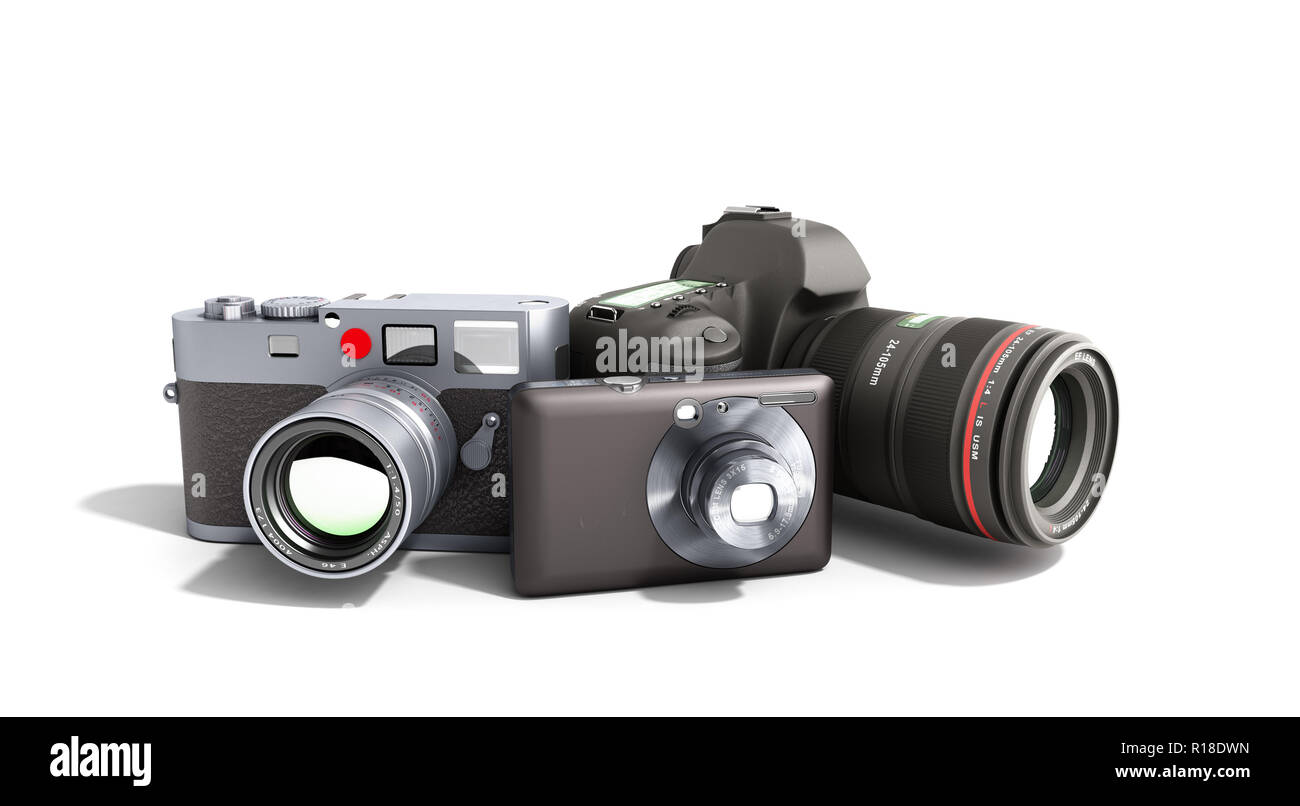 photo cameras of different classes 3d render on white Stock Photo - Alamy