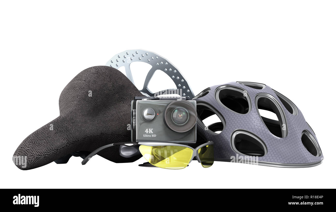 the concept of extreme sports action camera bicycle helmet 3d render on a white background no shadow Stock Photo