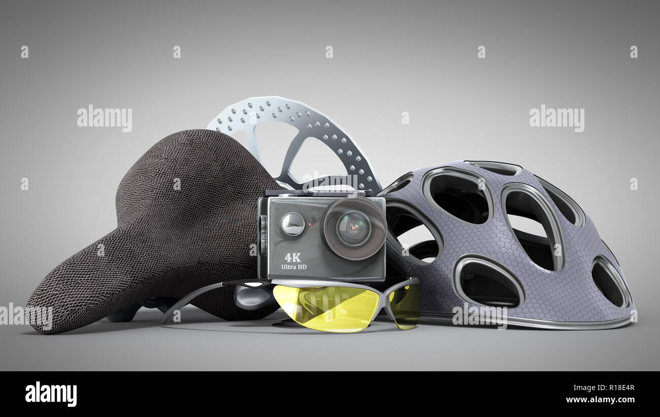 the concept of extreme sports action camera bicycle helmet 3d render on