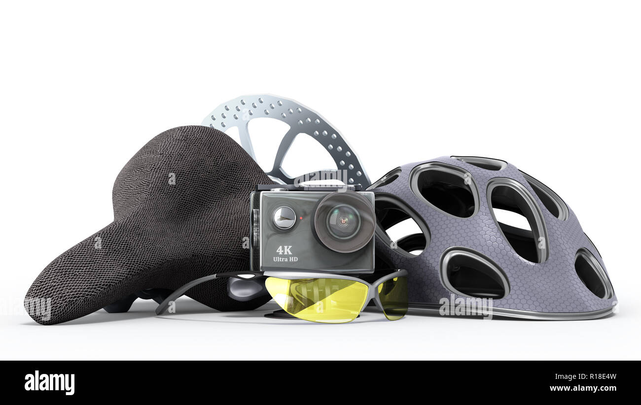 the concept of extreme sports action camera bicycle helmet 3d render on a white background Stock Photo