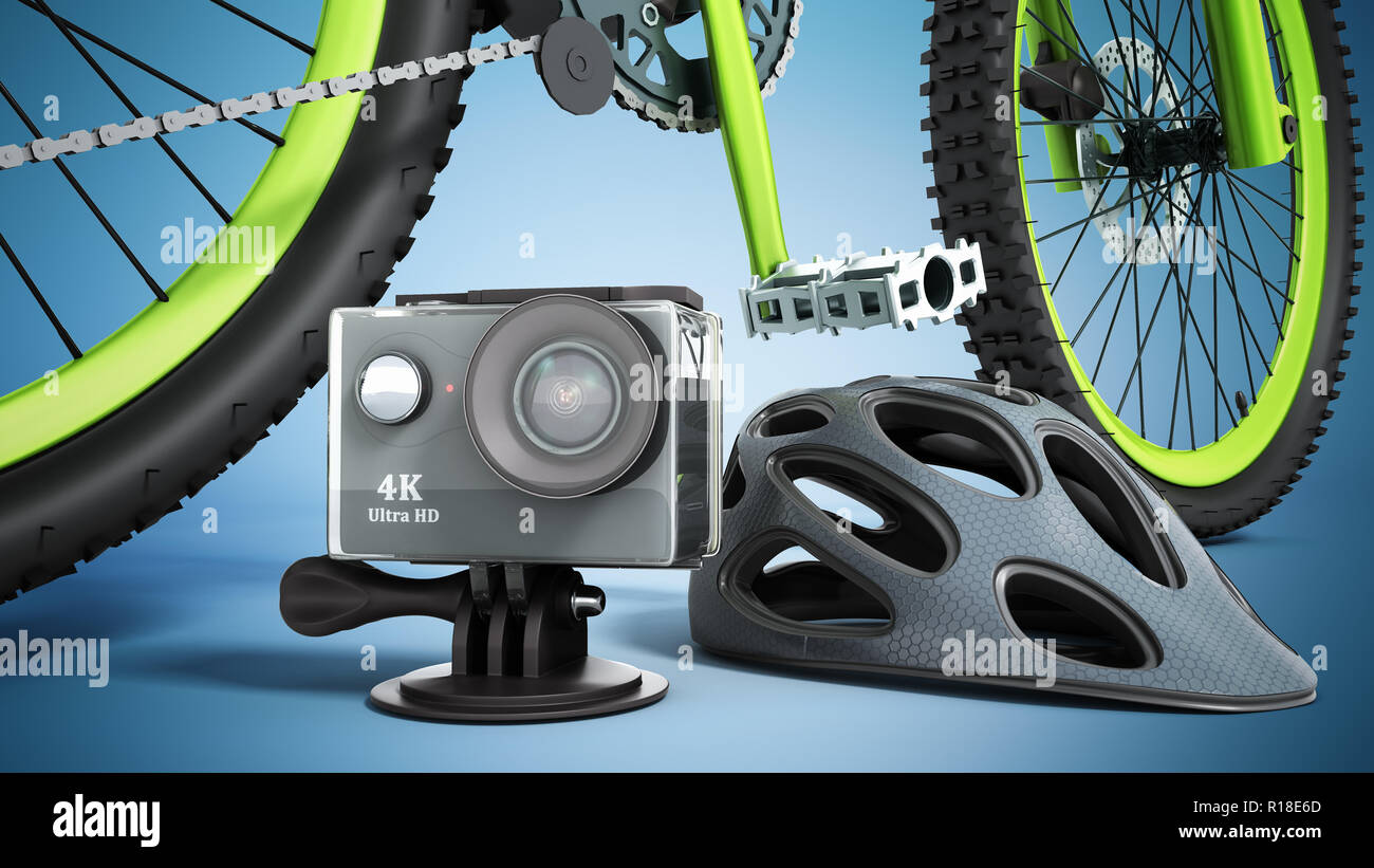 the concept of extreme sports action camera bicycle helmet and bicycle