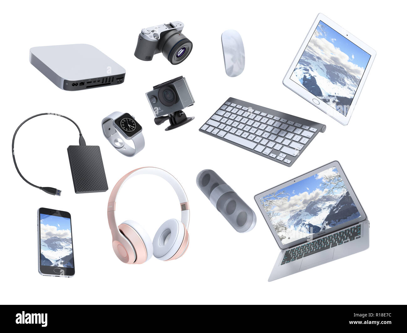collection of consumer electronics flying in the air 3D render on white background Stock Photo