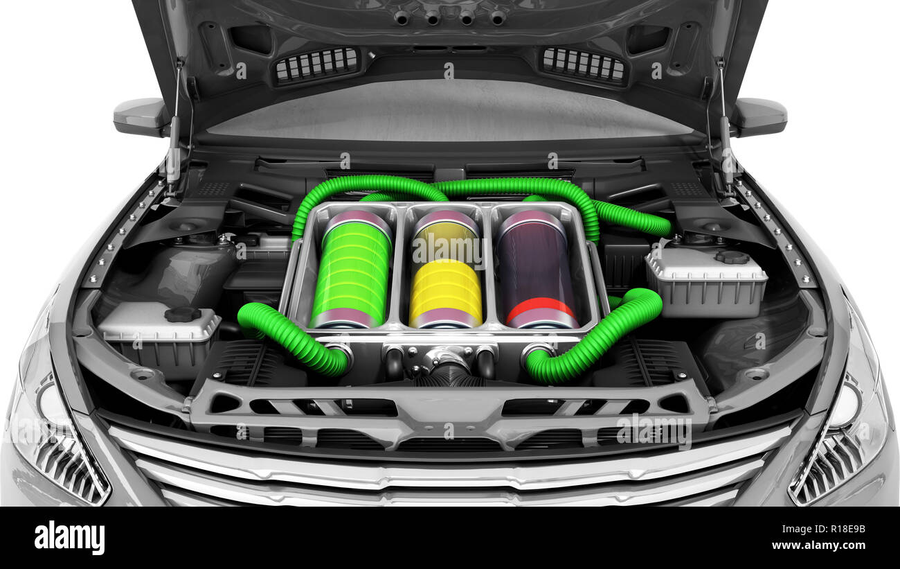 concept of battery capacity of an electric car batteries under the hood 3d render on white Stock