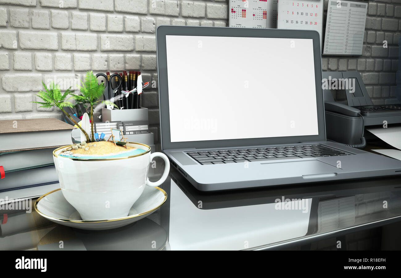 The concept of burning tours Concept travel Tropical island in a coffee cup on an office desk 3d illustration Stock Photo