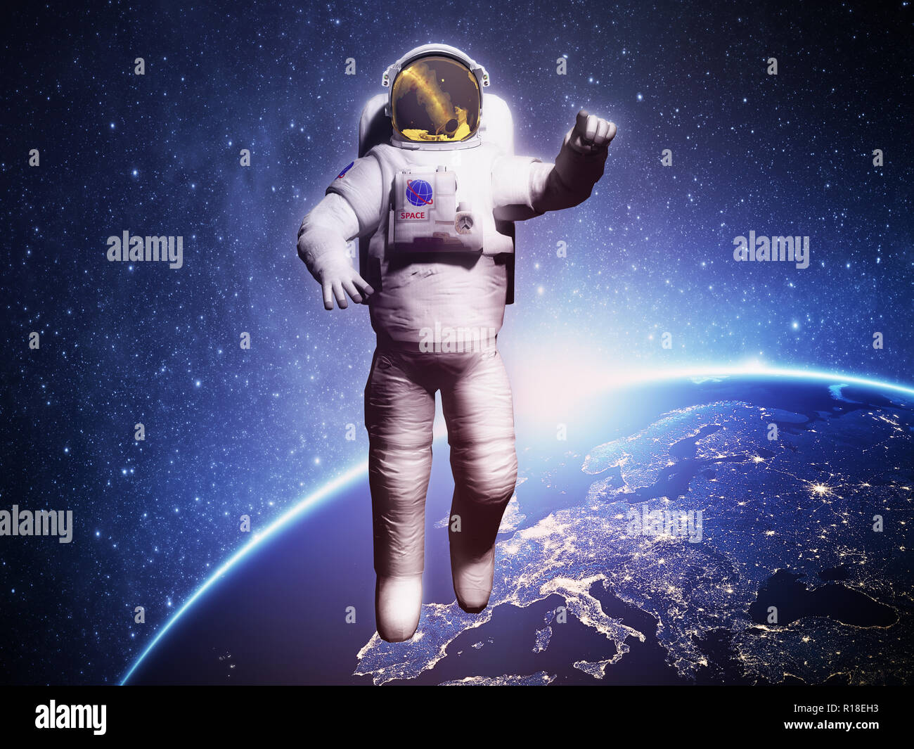 Astronaut posing on space background 3d render image Stock Photo - Alamy