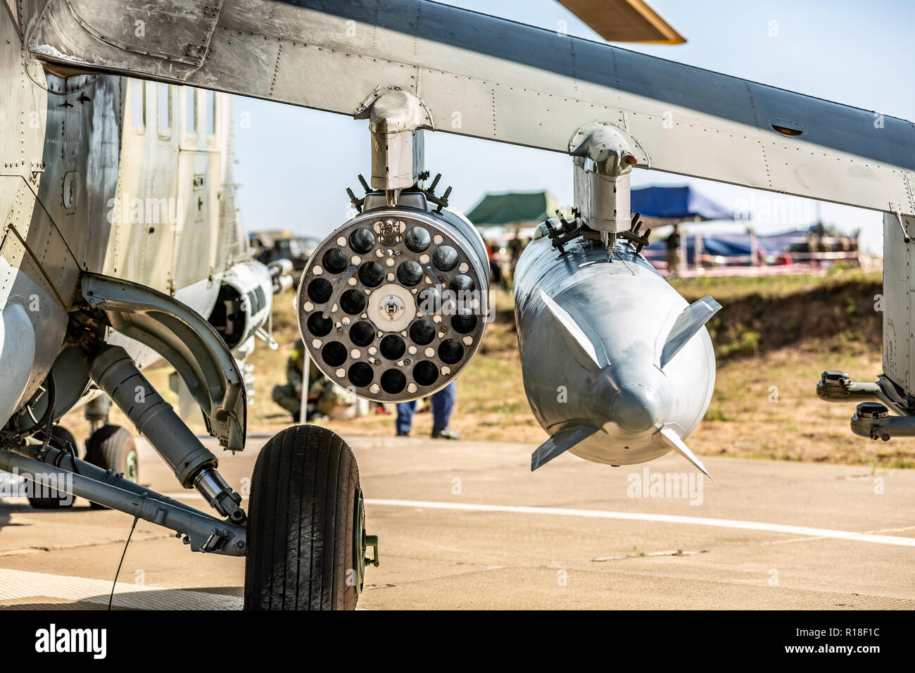 close-up view of part military helicopter fully armed. Close-up of ...