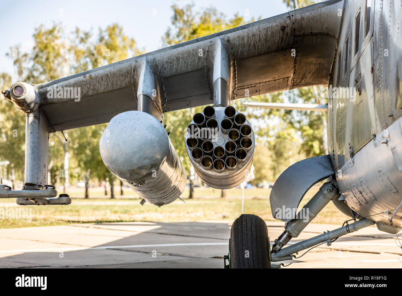 close-up view of part military helicopter fully armed. Close-up of ...