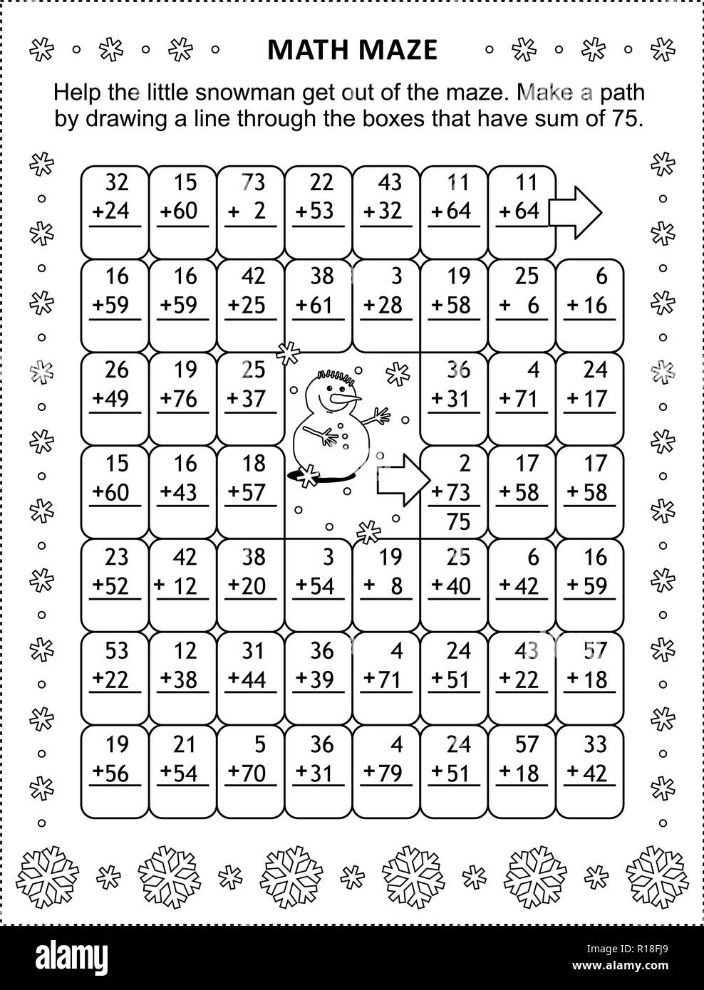 Math maze with addition facts: Help the snowman get out of the maze. Make a path by drawing a line through the boxes that have sum of 75. Stock Vector