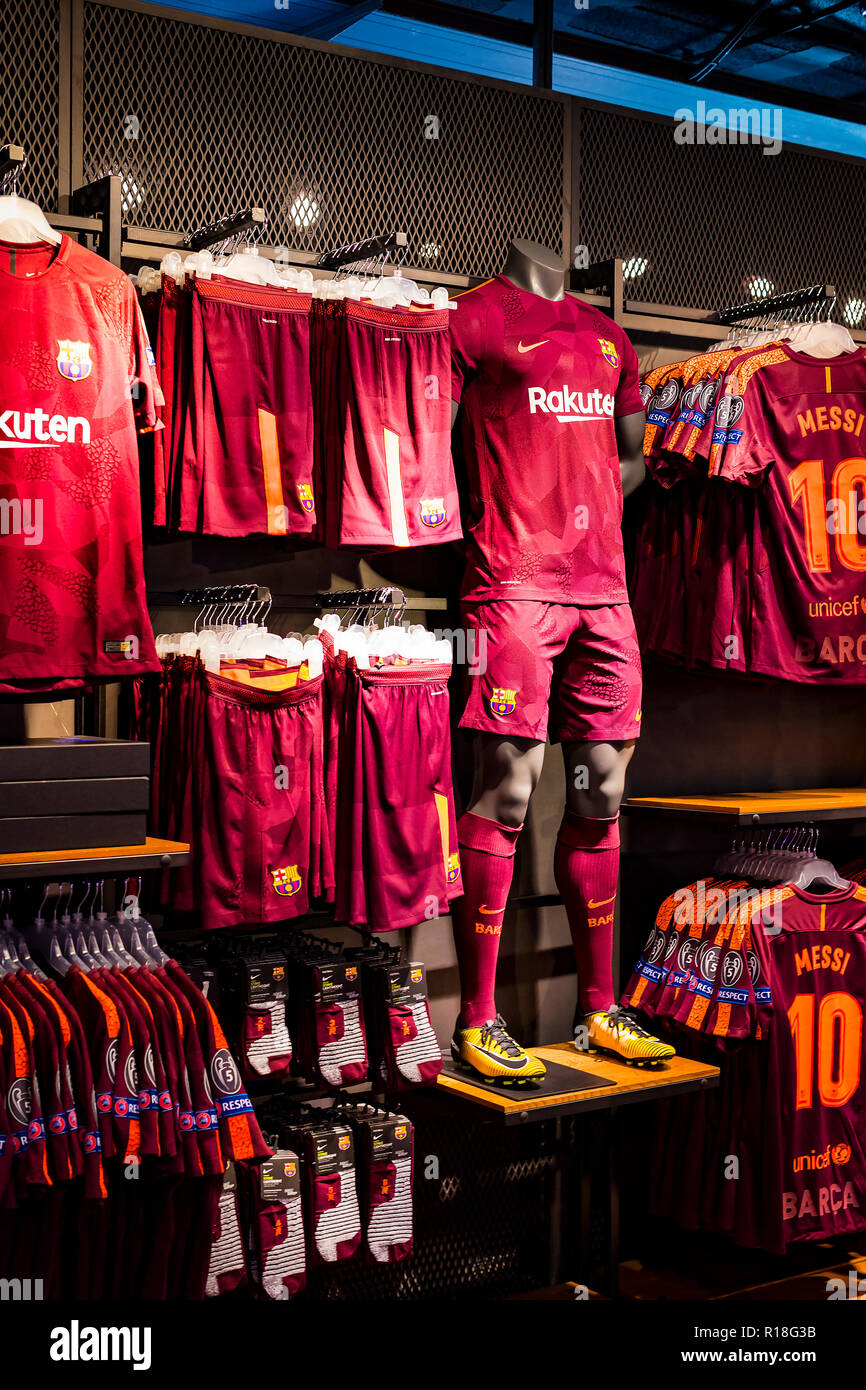 BARCELONA, SPAIN - 12 JANUARY 2018: Official Store FC Barcelona , clothing and footwear team of souvenirs and paraphernalia for of the team and v Stock Photo - Alamy
