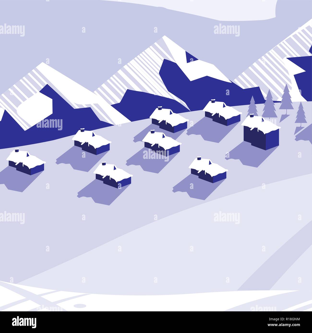 snow landscape with houses and mountains, colorful design. vector ...