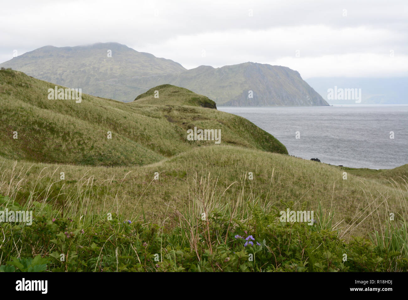 The rugged and mountainous coastline of Unalaska Island and the Bering Sea, in the Aleutian Islands chain, Alaska, United States Stock Photo