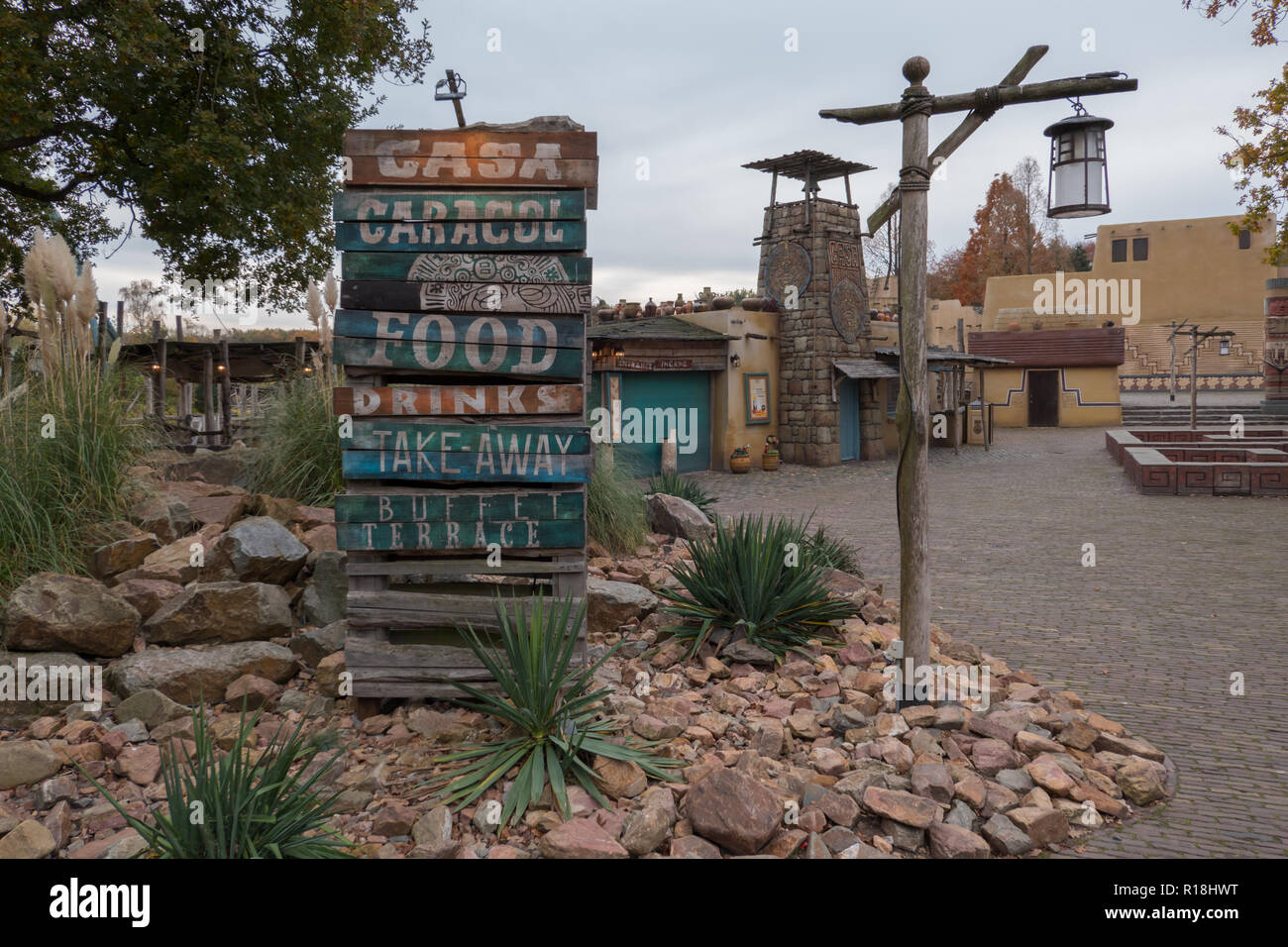 Wooden sign for the store Casa Caracol in Efteling amusement park. African themed section. Stock Photo