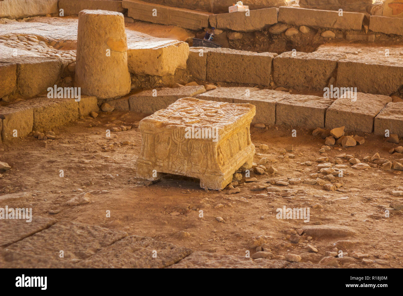 4 May 2018 he ancient Magdala stone located in a 1st century synagogue dig located in the village of Magdala in Galilee Israel. This unique piece is y Stock Photo