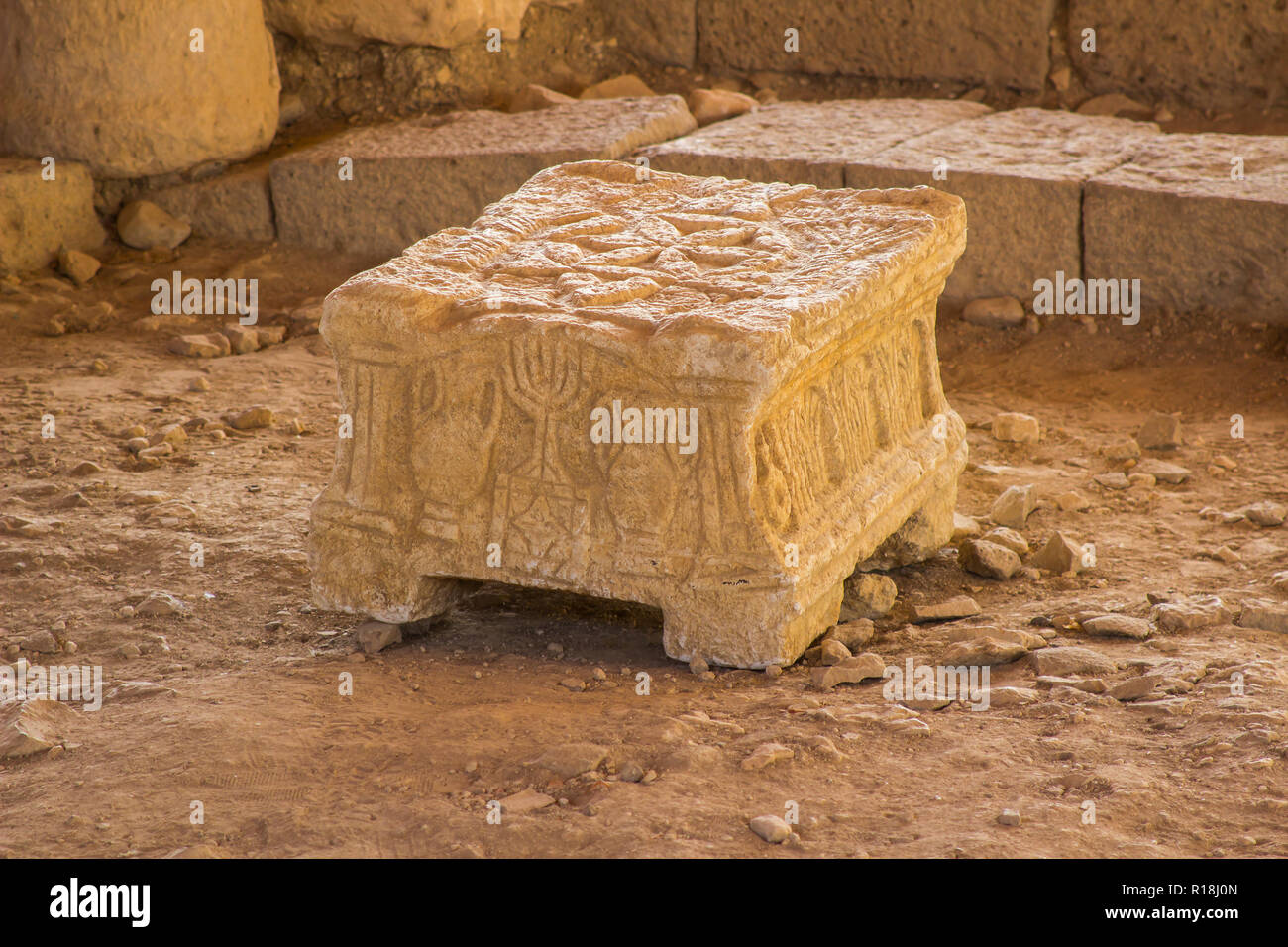4 May 2018 he ancient Magdala stone located in a 1st century synagogue dig located in the village of Magdala in Galilee Israel. This unique piece is y Stock Photo