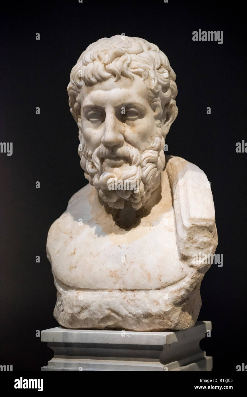 Athens. Greece. Portrait bust of the philosopher Metrodorus of Lampsakos (Metrodoros). National Archaeological Museum of Athens.  Metrodorus of Lampsa Stock Photo