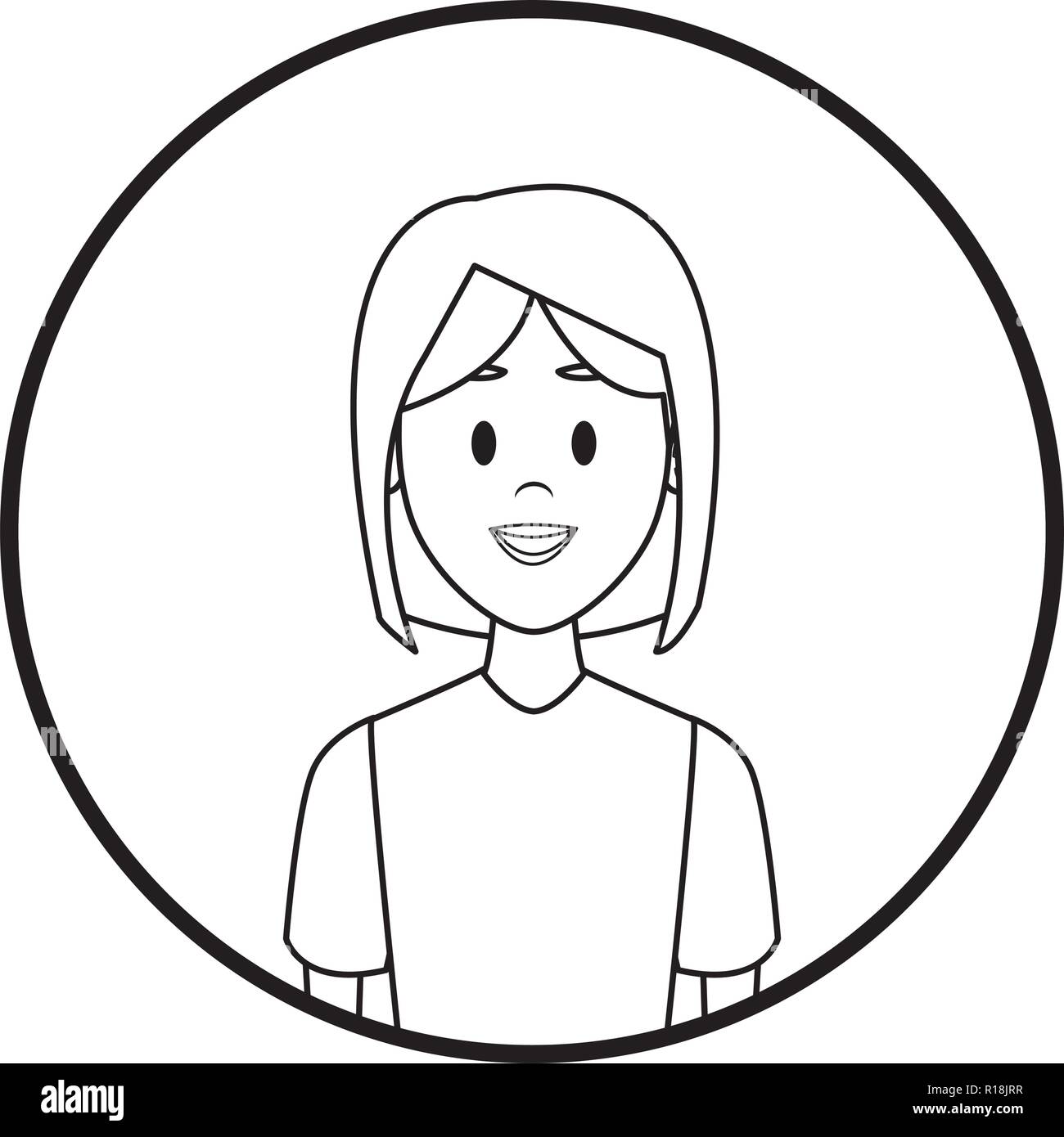 Woman profile cartoon round icon in black and white vector illustration ...