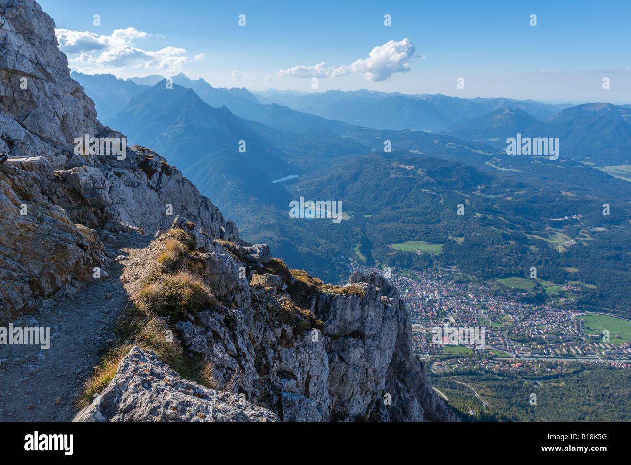 Passamani Panoramaweg, Passamani Hiking Trail, view on Mittenwald, Karwendelbahn, Karwendelgebirge or Karwendel Mountains, The Alps, Bavaria, Germany Stock Photo
