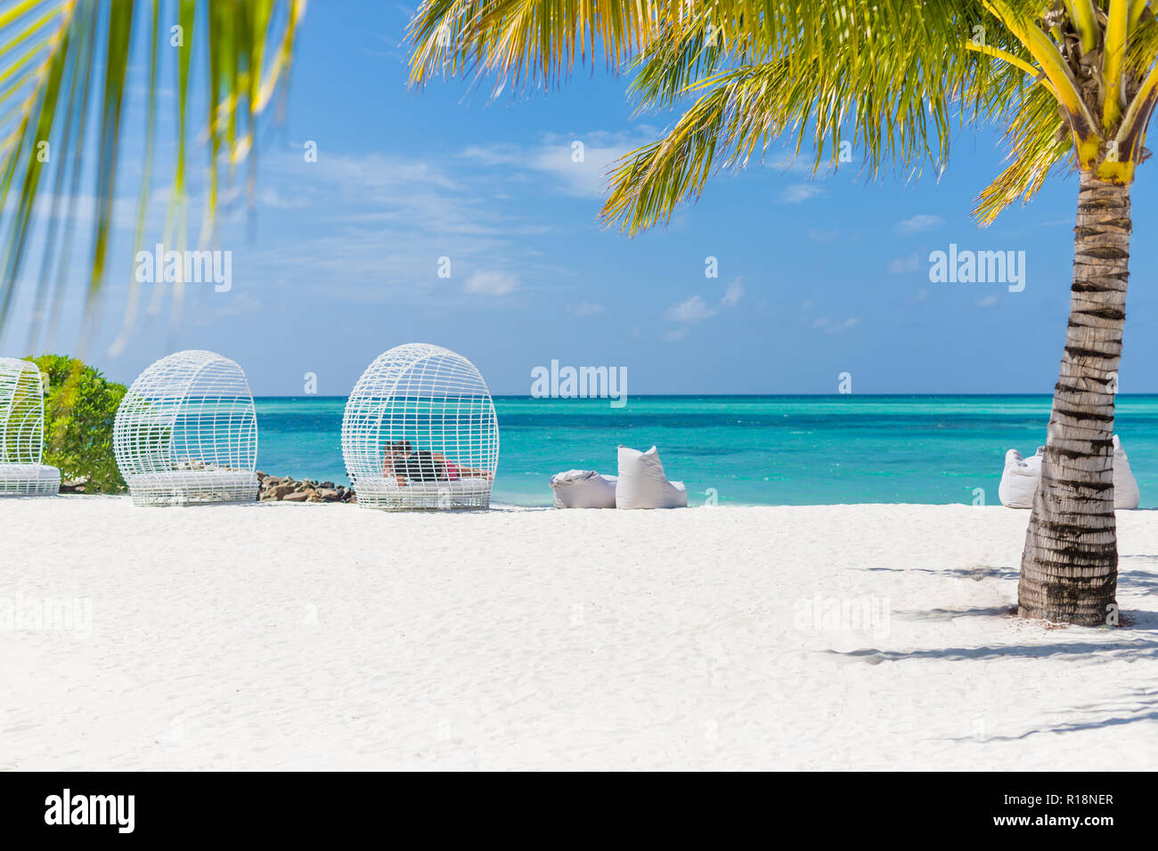 Tropical beach landscape with loungers and palm trees, idyllic vacation and holiday background. Best travel background Stock Photo