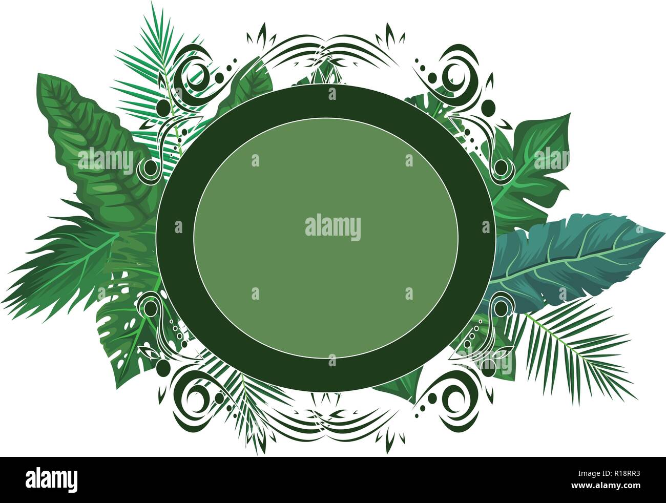 Round frame with tropical green leaves vector illustration graphic ...