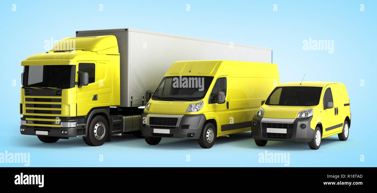 3D rendering of a truck a van and a lorry against a gradient background Stock Photo