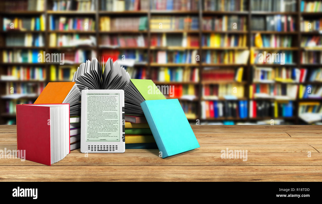 E-book reader Books and tablet library background 3d illustration Success  knowlage concept Stock Photo - Alamy